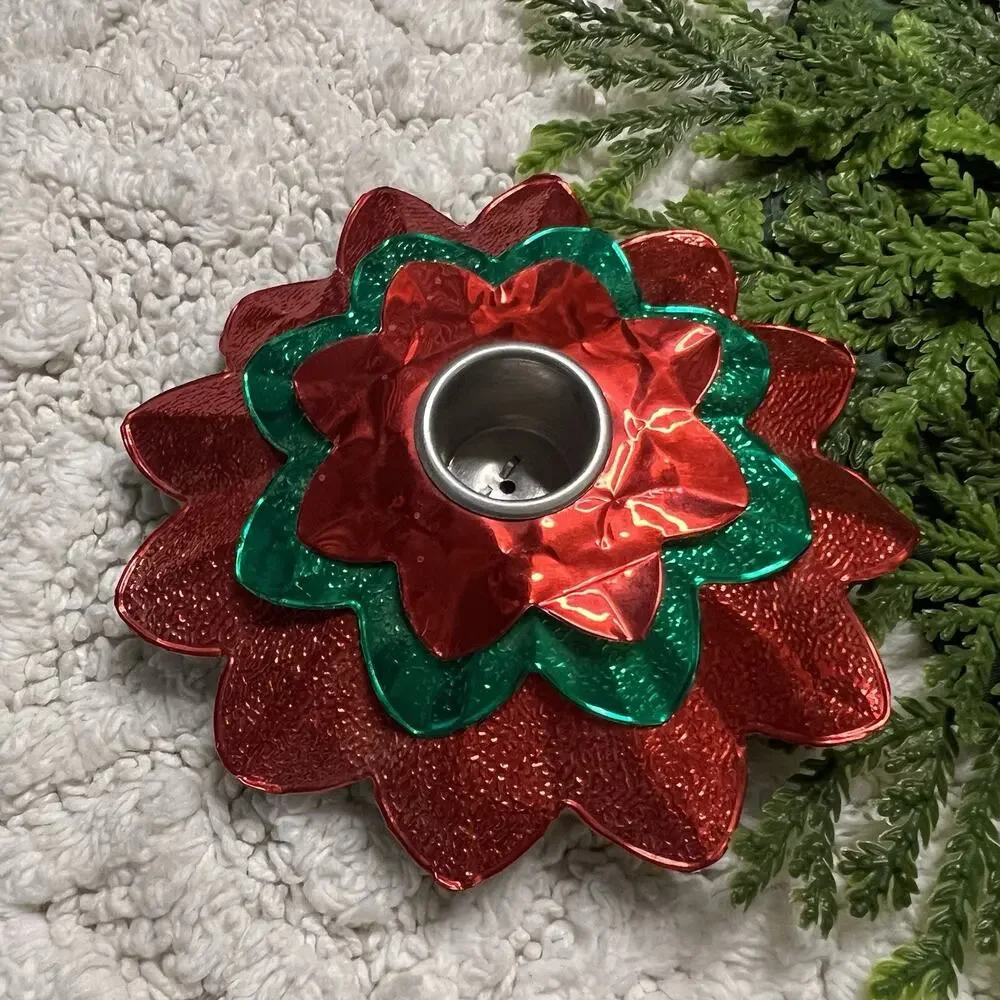 Vintage Red Green Happy Holiday Fireproof Poinsettia Aluminum Candle Holders USA